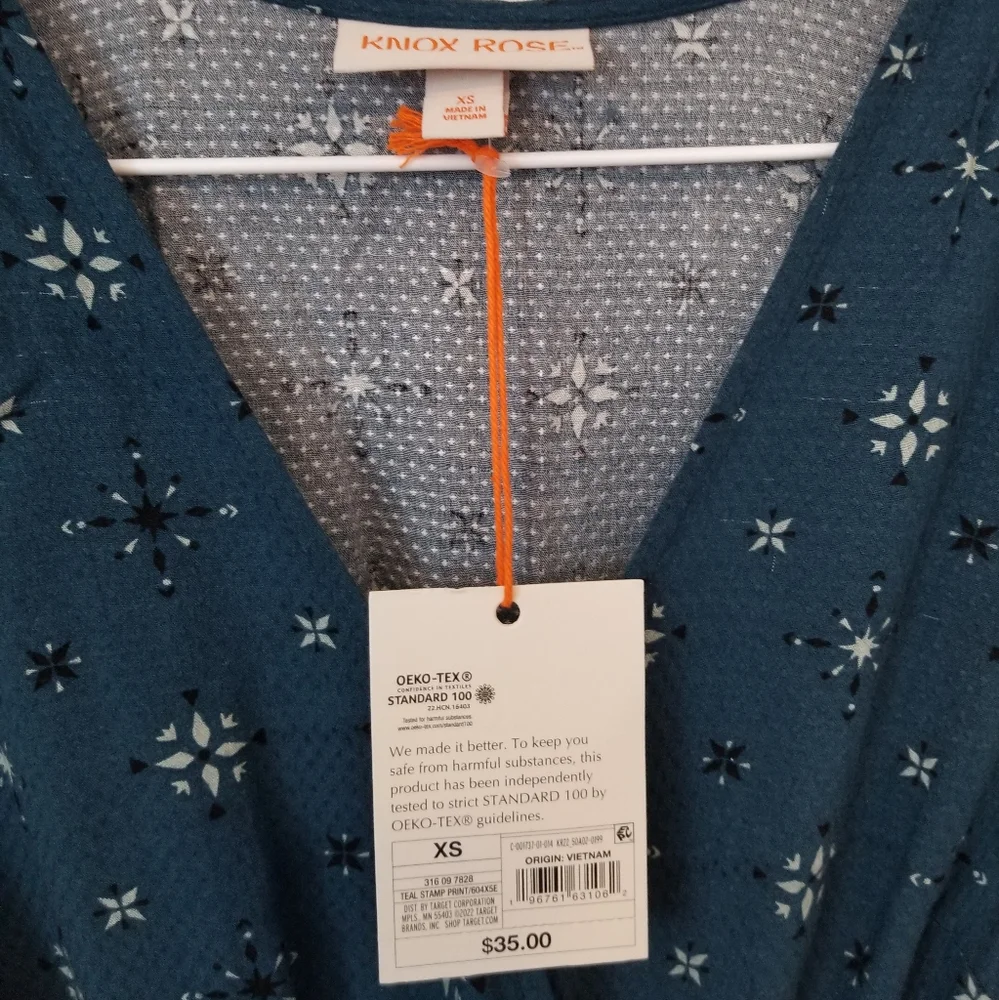 Teal Stamp Print Flutter Long Sleeve Faux Wrap Dress - Knox Rose - Picture 3 of 8